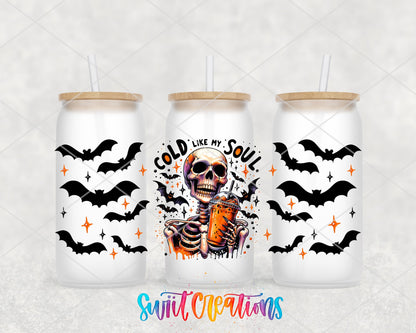 Cold Like My Soul UV DTF full wrap on three frosted glass cans