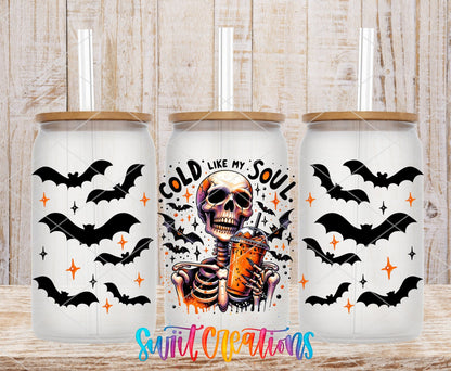 Cold Like My Soul UV DTF full wrap on three clear glass cans with bamboo lids