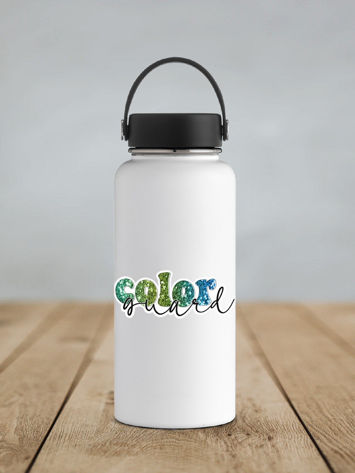 Green Glitter Color Guard sticker on a white insulated water bottle