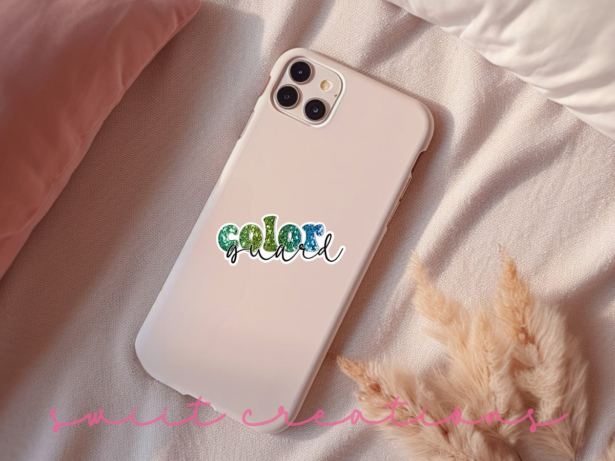 Green Glitter Color Guard sticker on a pink phone case
