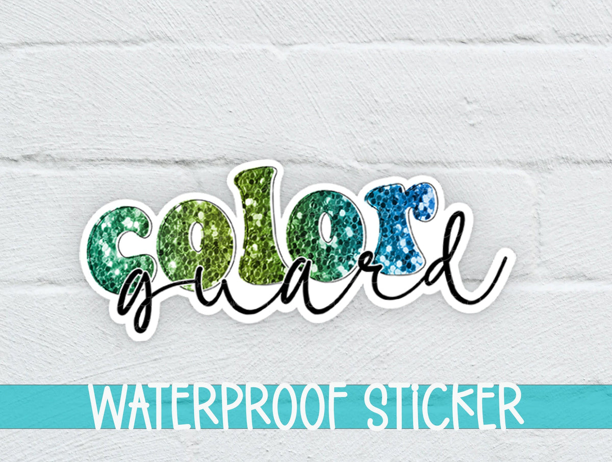 Green Glitter Color Guard sticker on a white brick background with a waterproof sticker banner