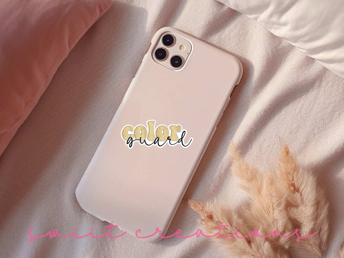 Gold Glitter Color Guard sticker on a pink phone case