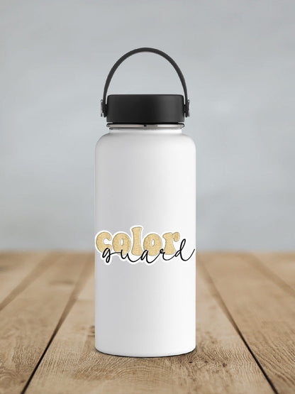 Gold Glitter Color Guard sticker on a white insulated water bottle