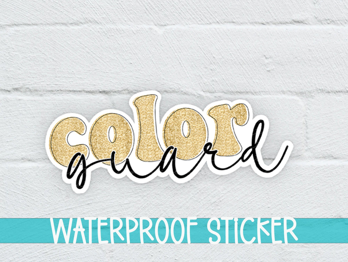 Gold Glitter Color Guard sticker on a white brick background with a waterproof sticker banner