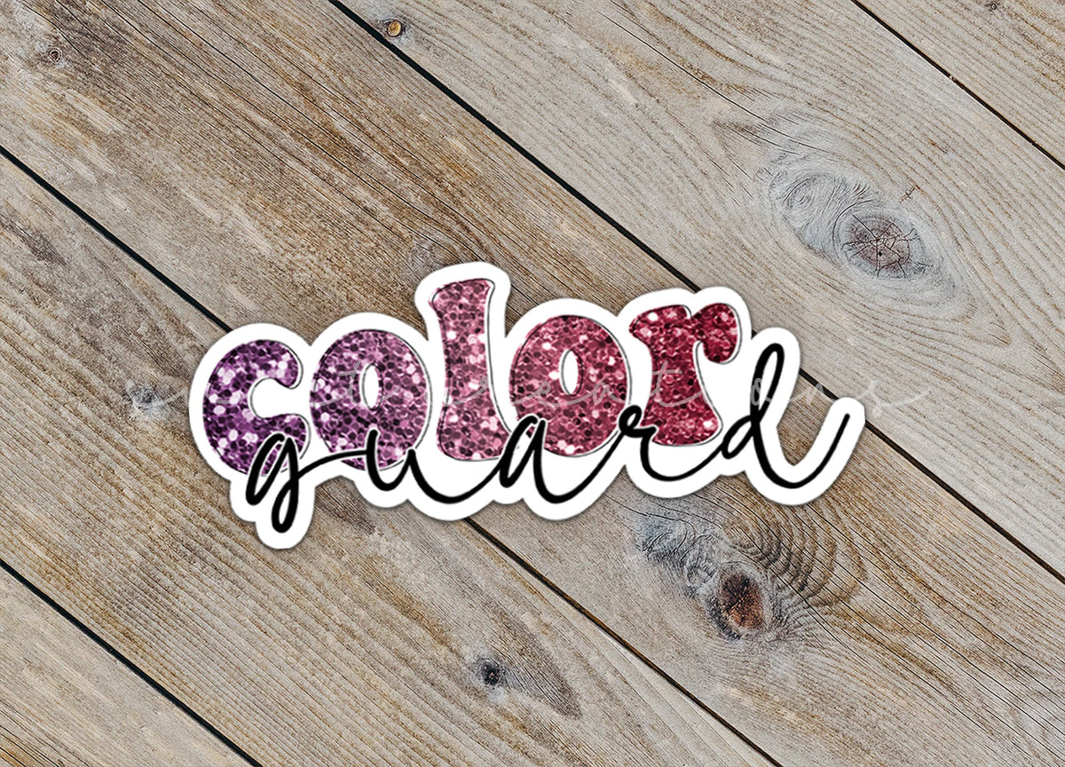 Close-up of the Maroon Glitter Color Guard sticker on rustic wood