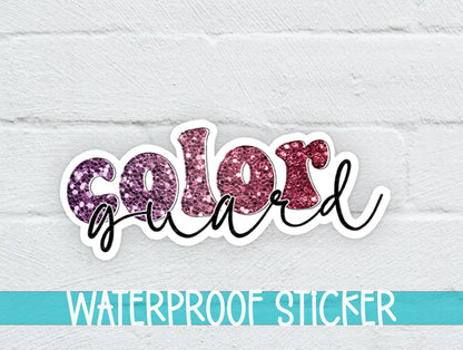 Maroon Glitter Color Guard sticker on a white brick background with a waterproof sticker banner