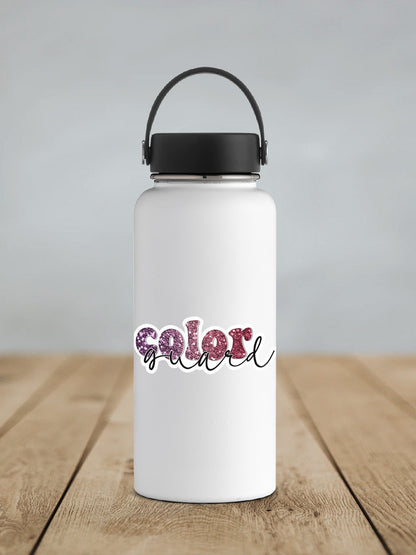 Maroon Glitter Color Guard sticker on a white insulated water bottle