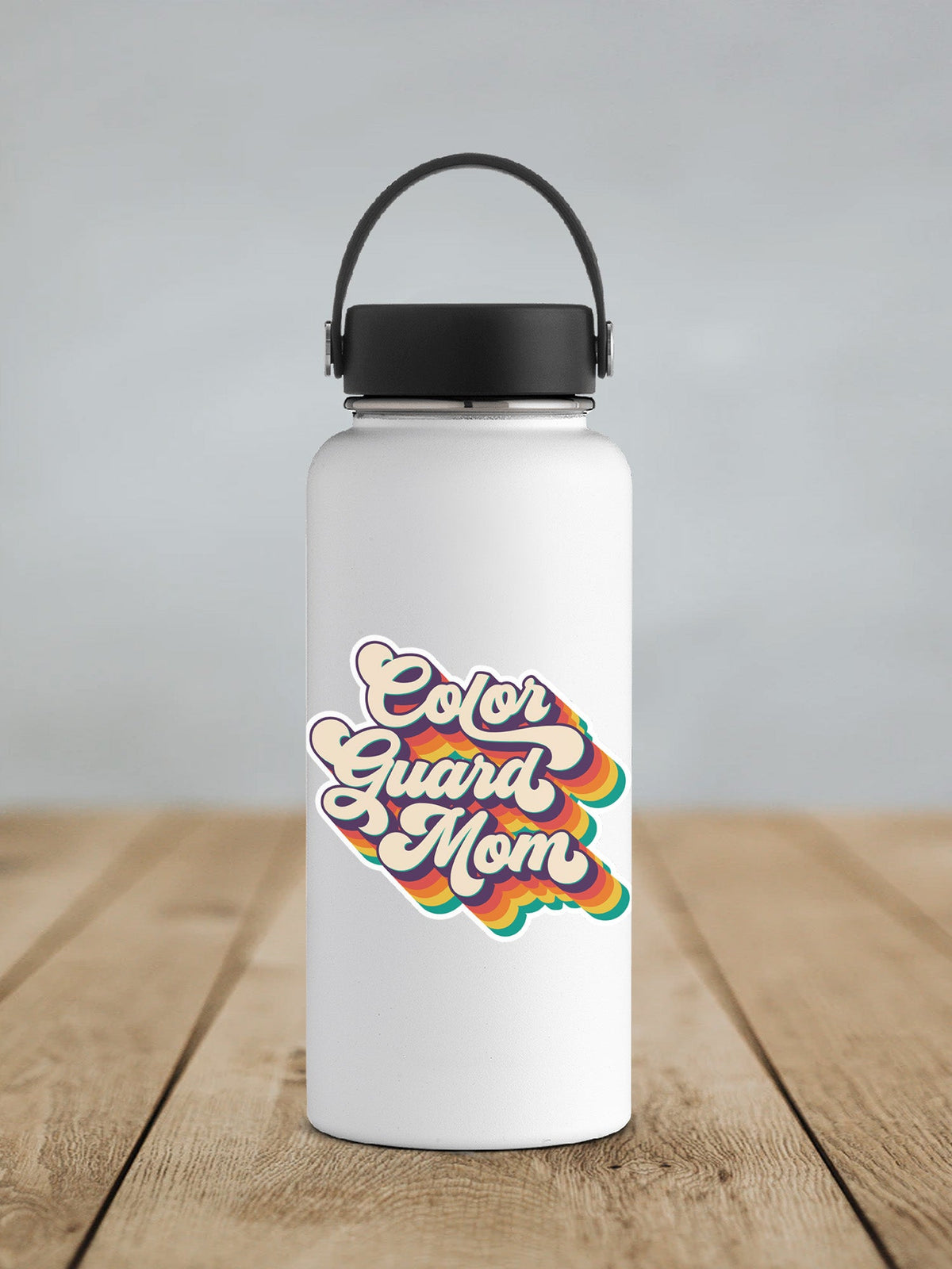 Retro Color Guard Mom sticker on a white insulated water bottle