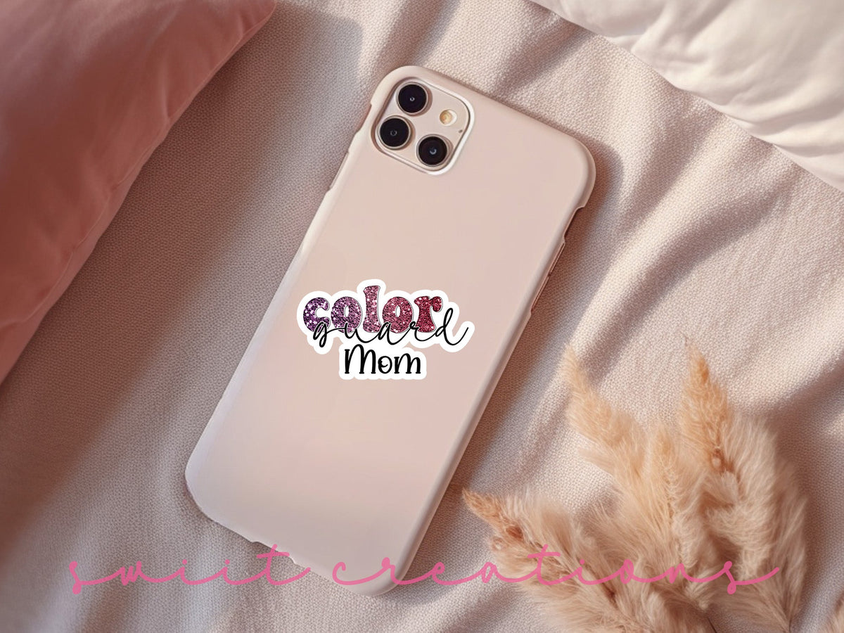 Maroon Glitter Color Guard Mom sticker on a pink phone case