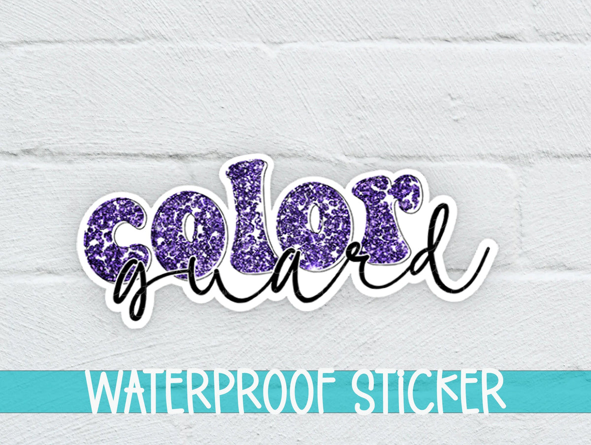 Purple Glitter Color Guard sticker on a white brick background with a waterproof sticker banner