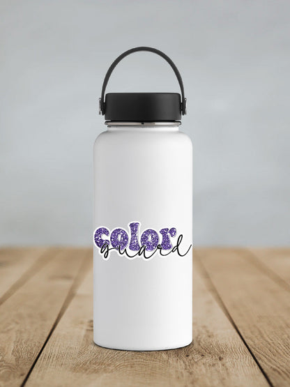 Purple Glitter Color Guard sticker on a white insulated water bottle