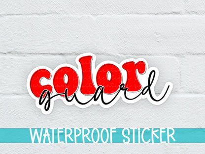 Red Retro Color Guard sticker on a white brick background with a waterproof sticker banner