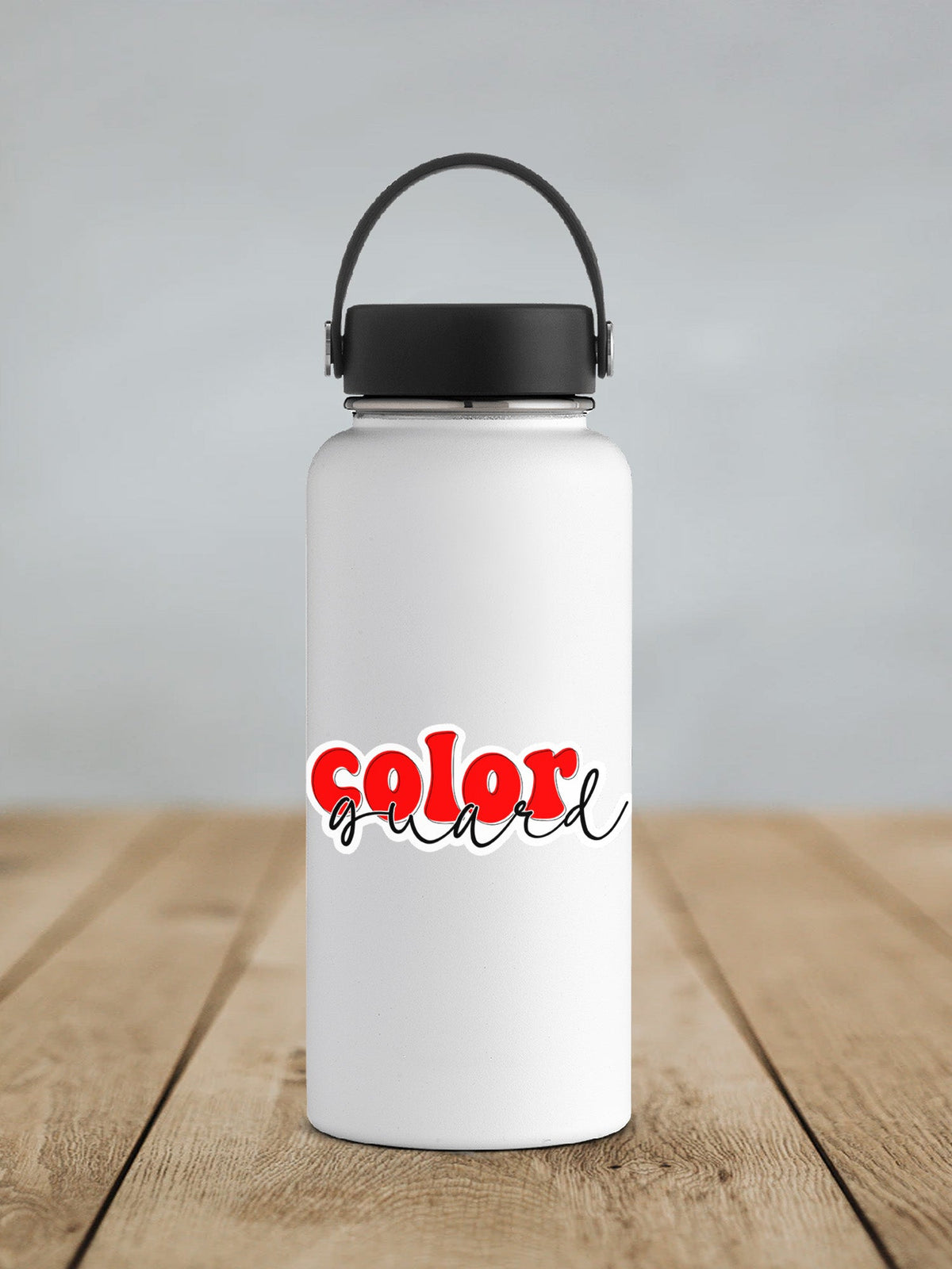 Red Retro Color Guard sticker on a white insulated water bottle