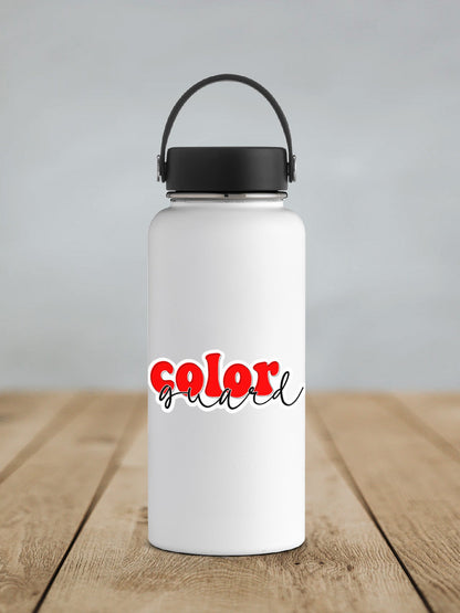 Red Retro Color Guard sticker on a white insulated water bottle