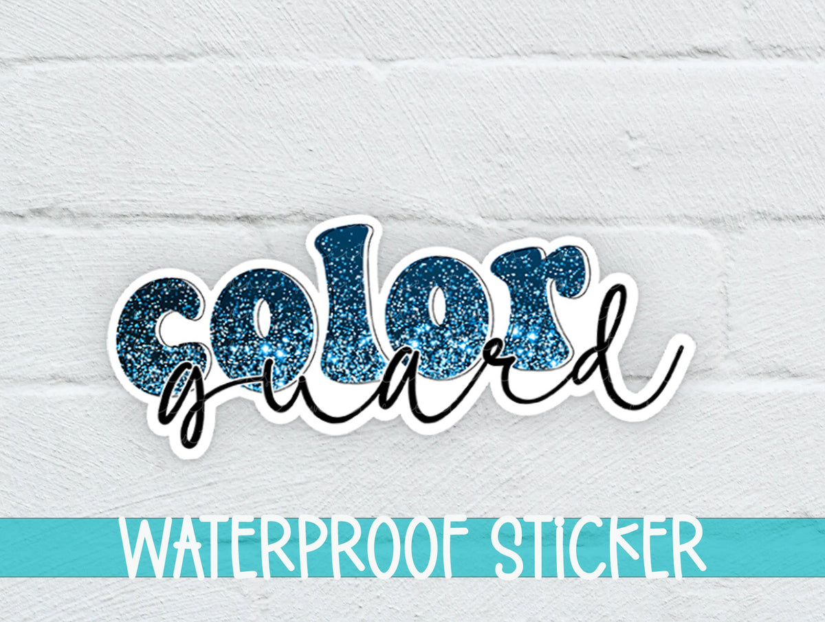 Blue Glitter Color Guard sticker on a white brick background with a waterproof sticker banner