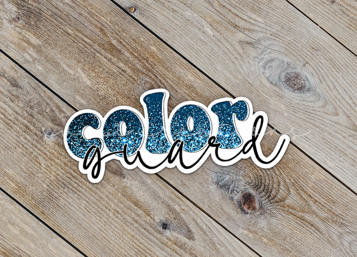 Close-up of the Blue Glitter Color Guard sticker on rustic wood