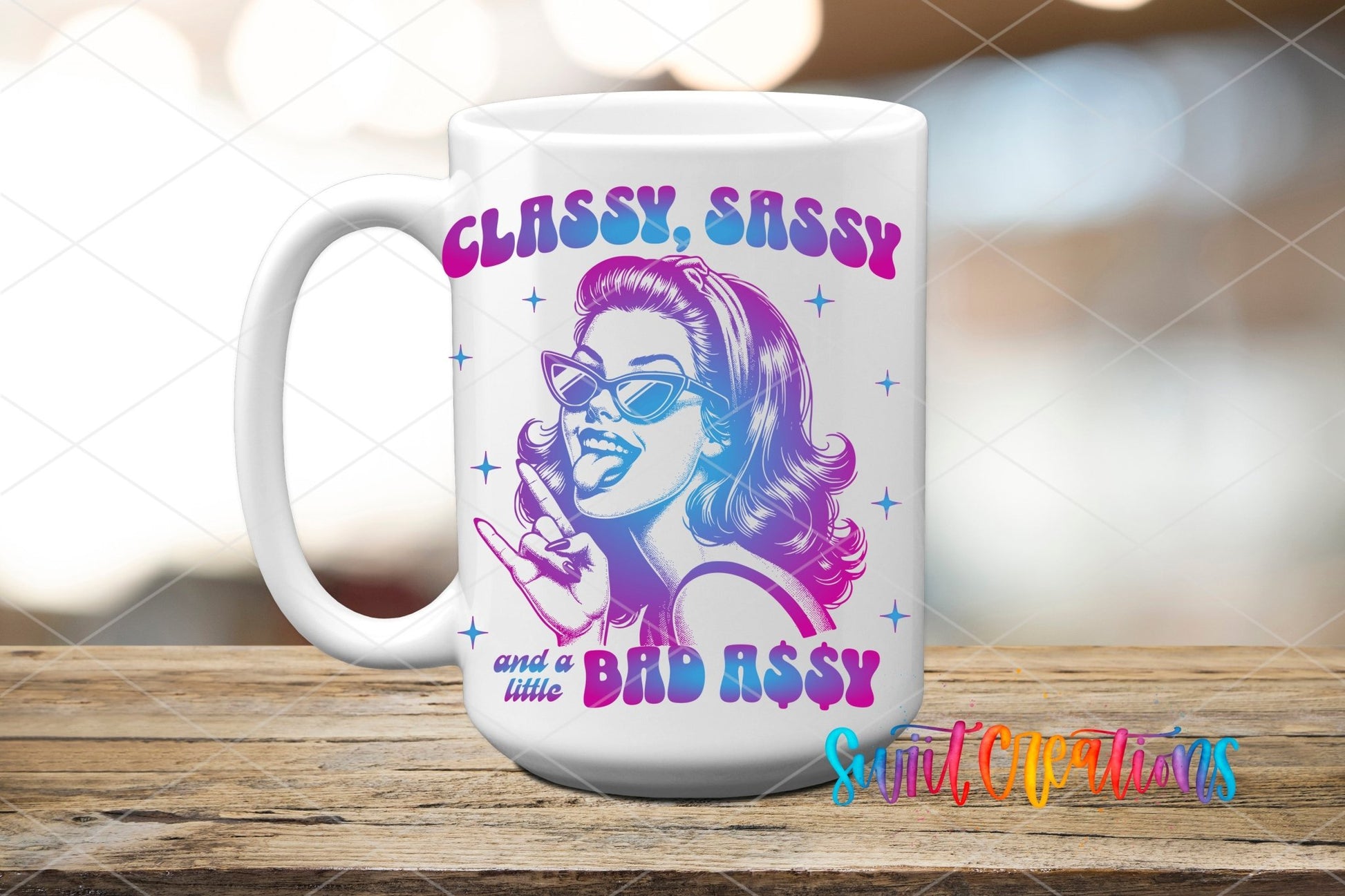 Colorful Classy Sassy Retro Gradient UV DTF transfer displayed on a white ceramic mug from Swiit Creations