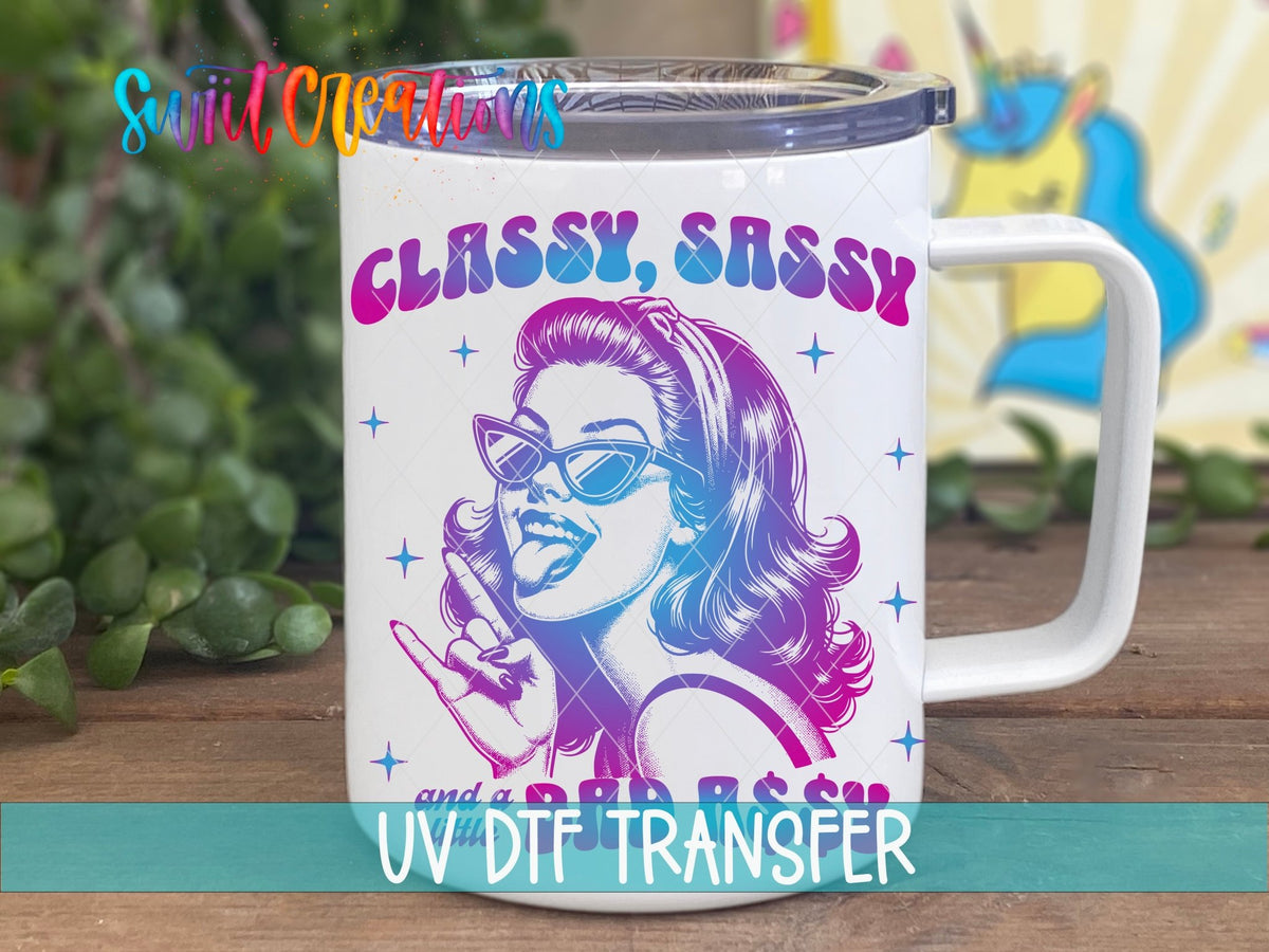 Colorful Classy Sassy Retro Gradient UV DTF transfer displayed on a white coffee mug from Swiit Creations