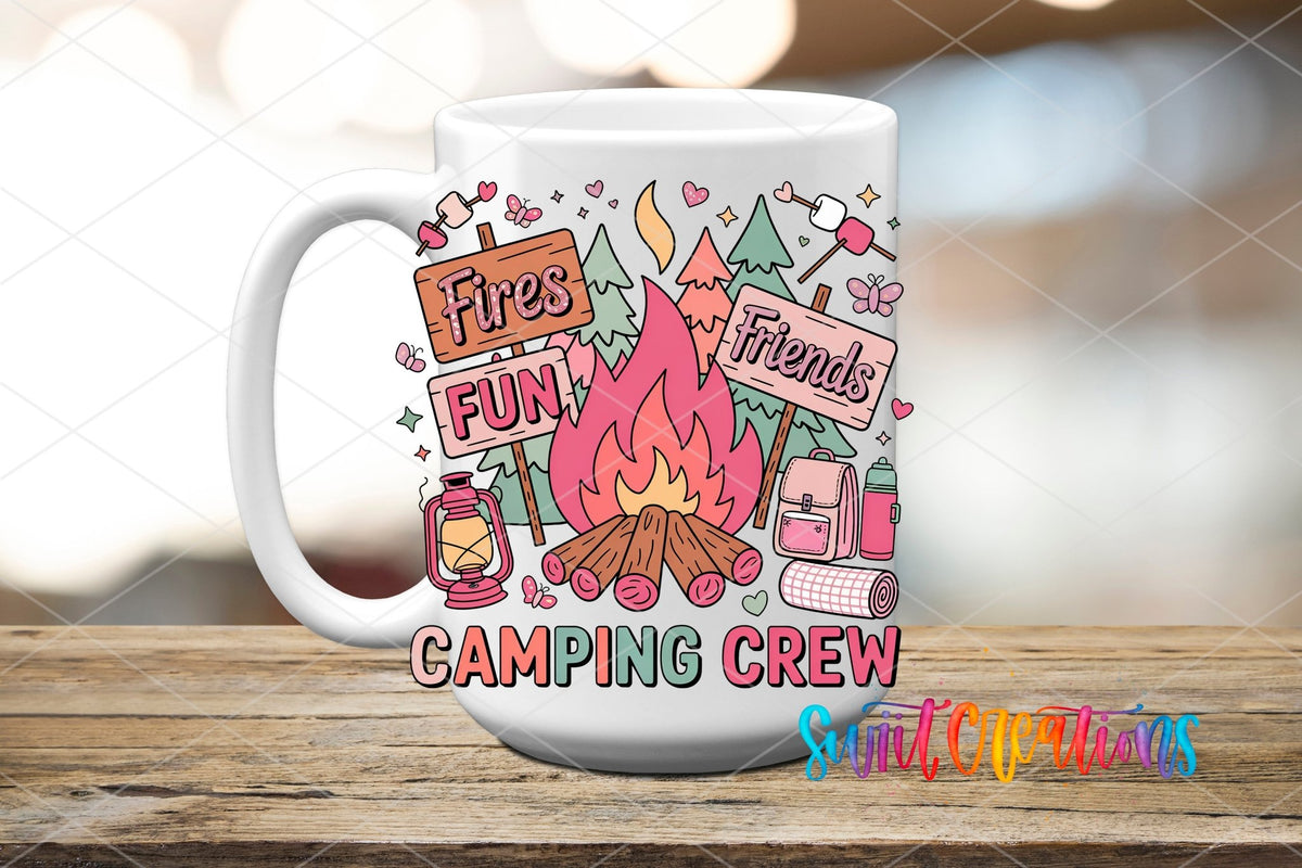 Camping Crew UV DTF transfer on a white ceramic coffee mug