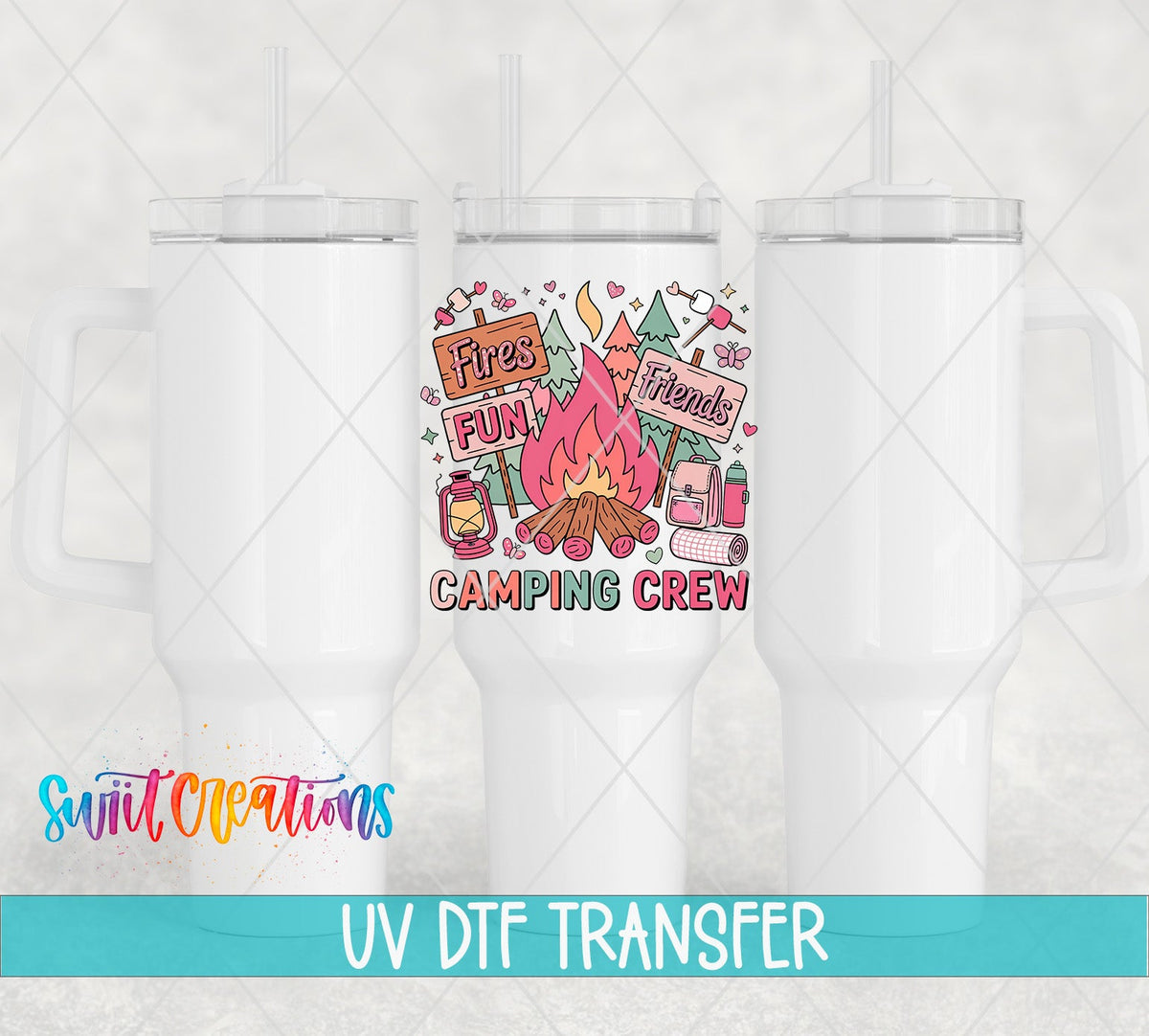Camping Crew UV DTF transfer on white 40 oz tumblers