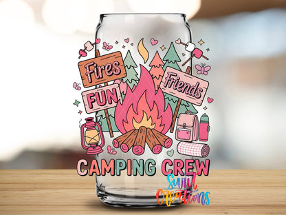 Close-up of the Camping Crew UV DTF transfer on a clear glass can
