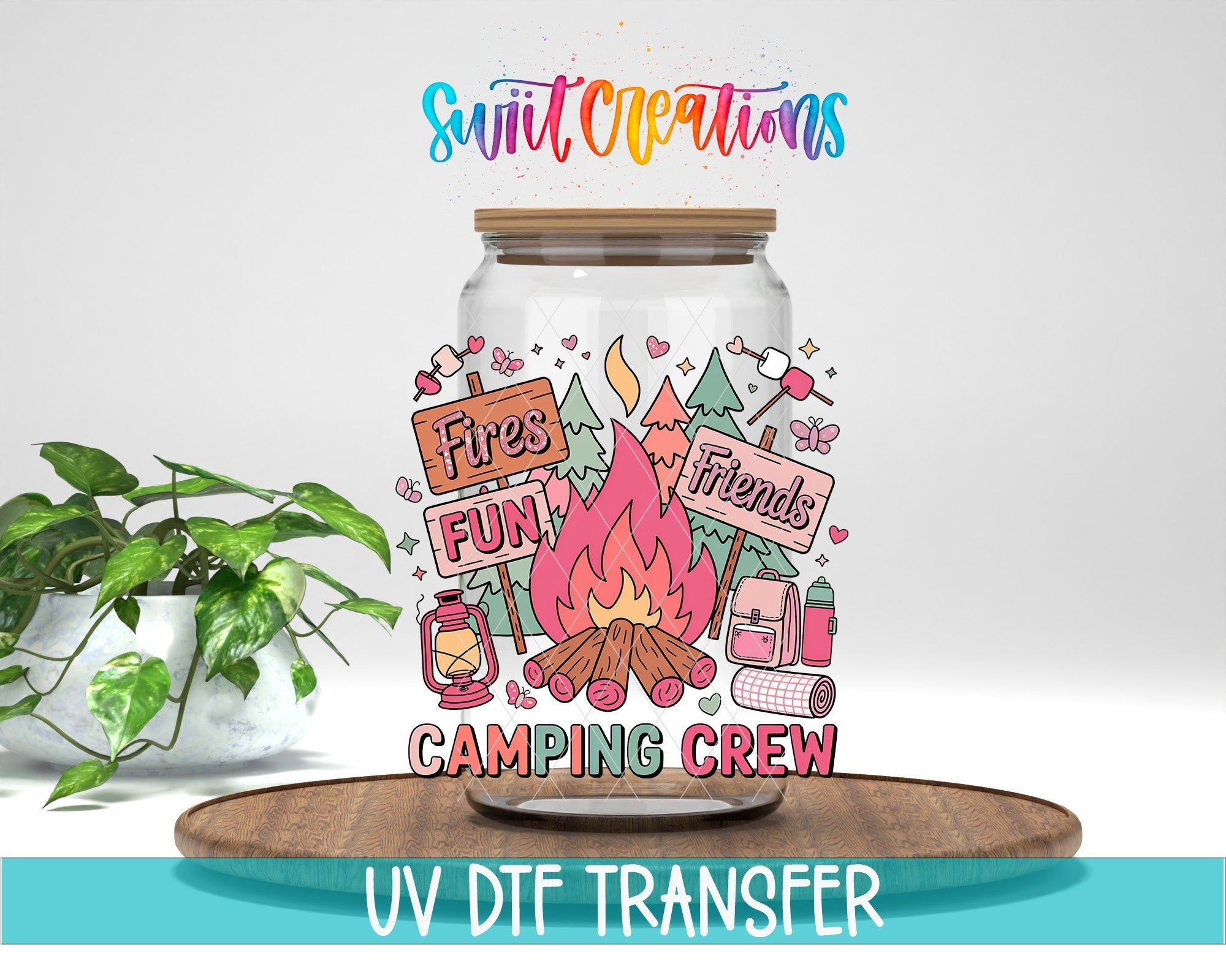 Colorful Fun Camping Crew for Friends UV DTF transfer displayed on a clear jar mockup from Swiit Creations