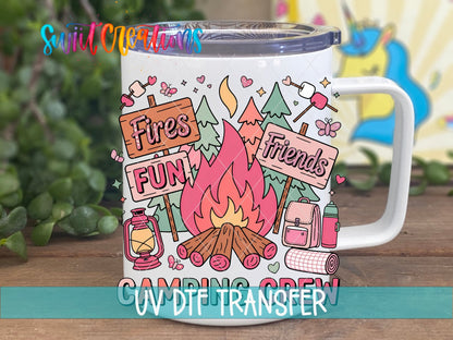 Camping Crew UV DTF transfer on a white stainless steel mug with a lid