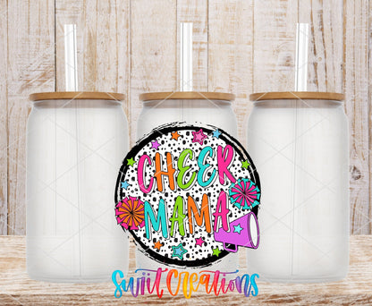 Cheer Mama UV DTF transfer on frosted glass cans with bamboo lids