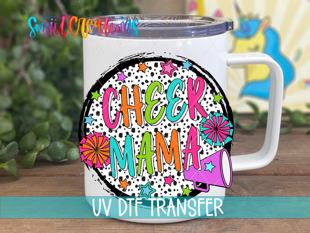 Cheer Mama UV DTF transfer on a white stainless steel mug with a lid