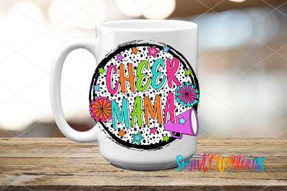 Cheer Mama UV DTF transfer on a white ceramic coffee mug