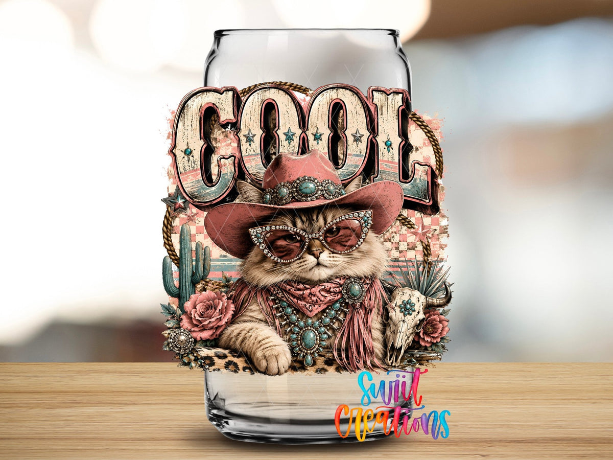 Cool Cat Western Glam UV DTF Transfer | Cowgirl Cat Drinkware Design | UV2073 - Swiit Creations