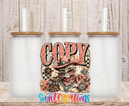 Copy Cat Western Glam Cat UV DTF transfer applied to a clear glass can set from Swiit Creations