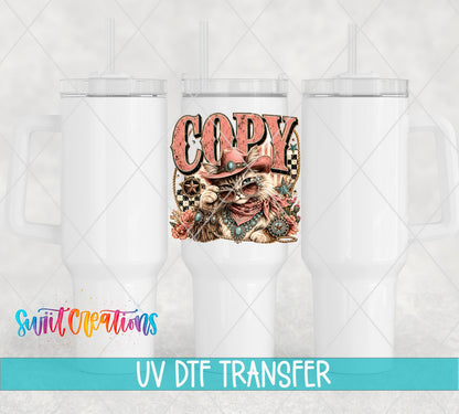 Copy Cat Western Glam Cat UV DTF transfer applied to a white tumbler set from Swiit Creations
