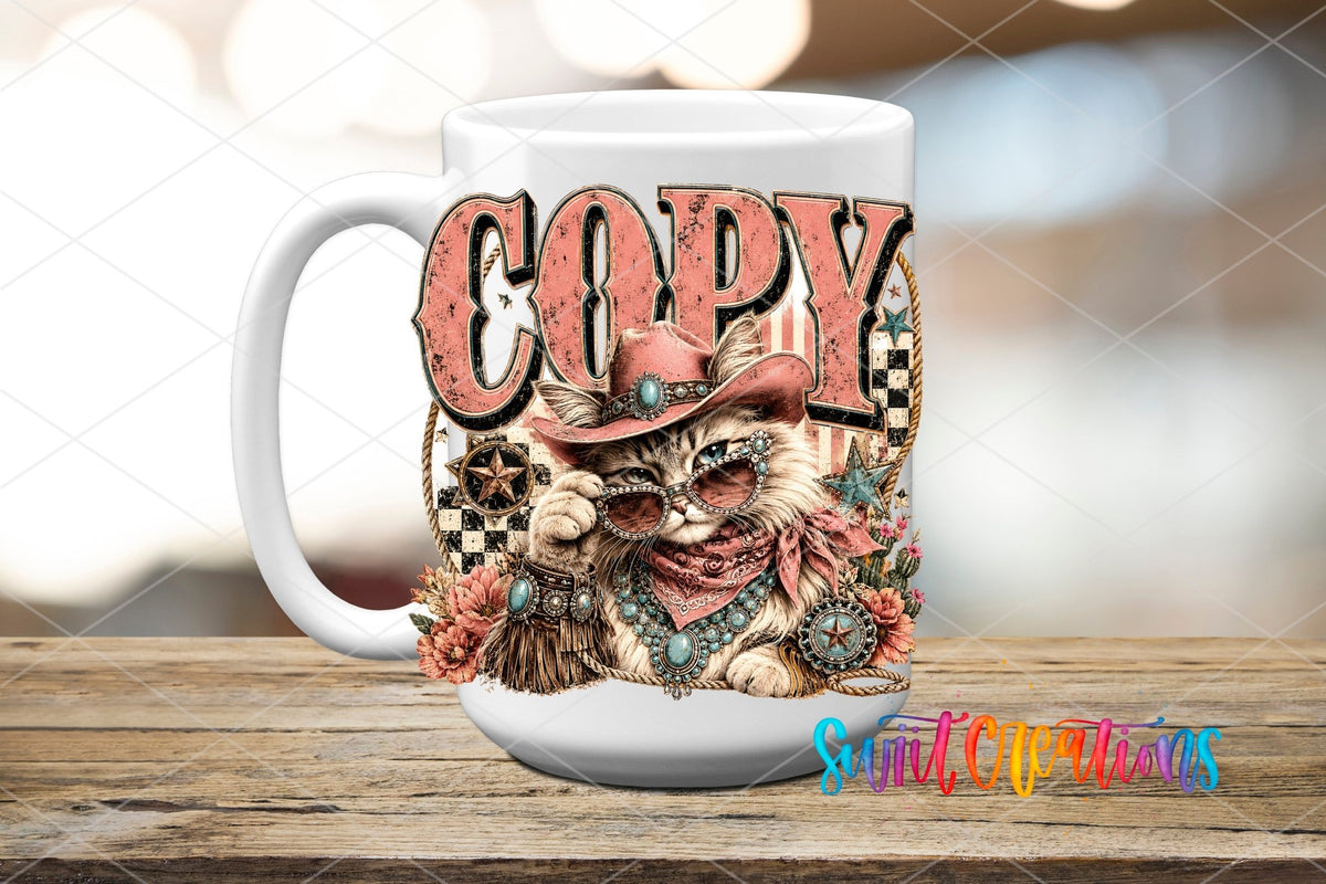 Copy Cat Western Glam Cat UV DTF transfer displayed on a white ceramic mug from Swiit Creations