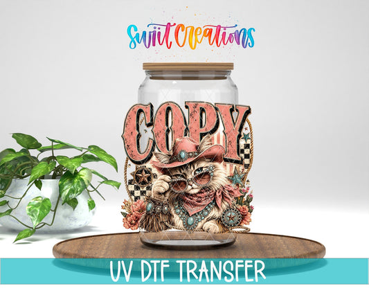 Copy Cat Western Glam Cat UV DTF transfer displayed on a clear jar mockup from Swiit Creations