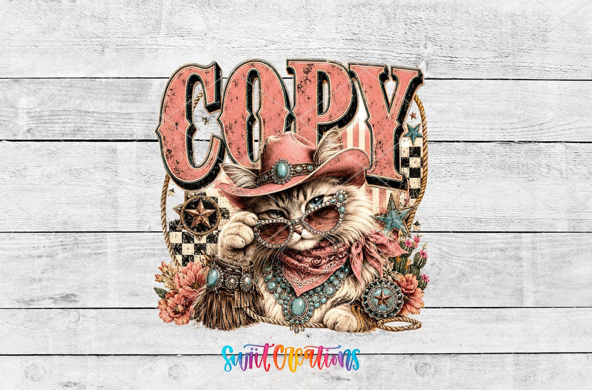 Copy Cat Western Glam Cat UV DTF transfer shown as a full artwork preview from Swiit Creations