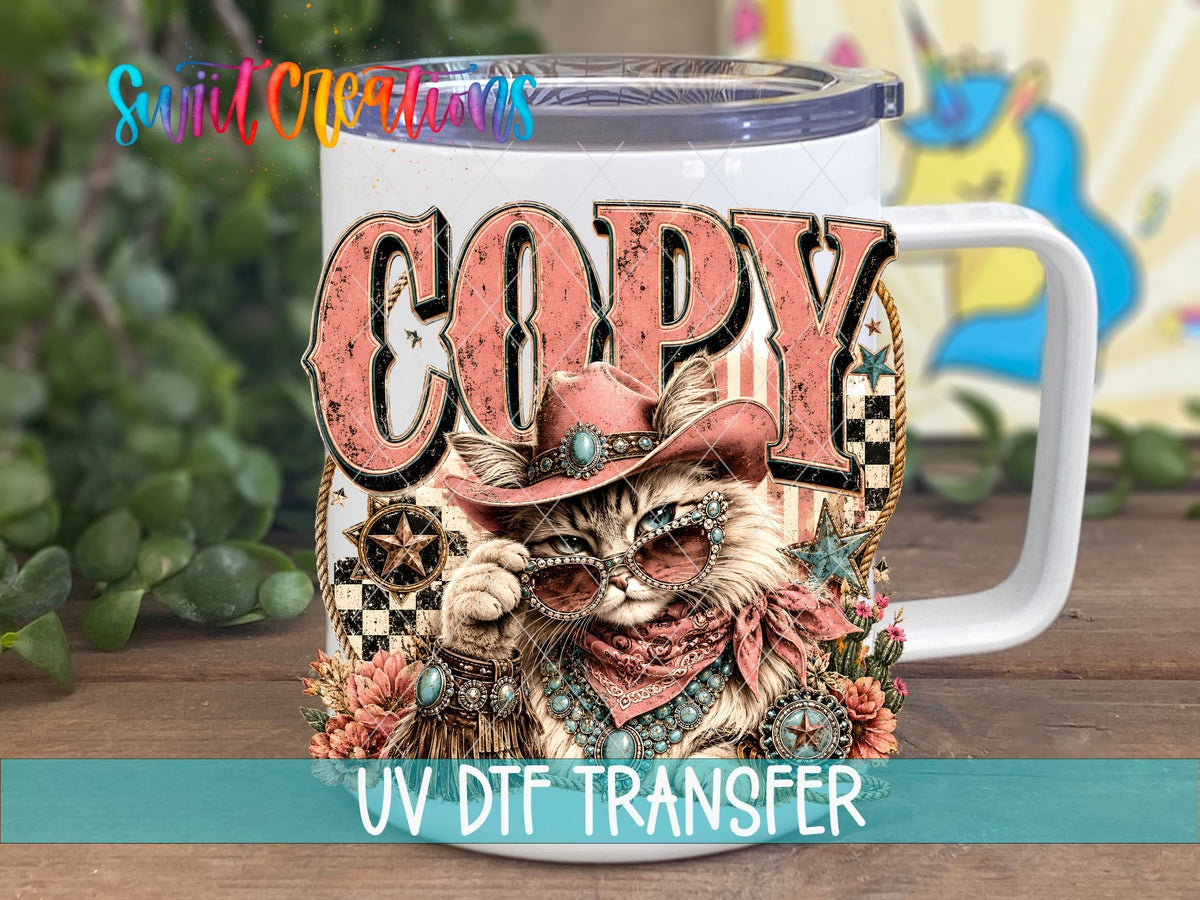 Copy Cat Western Glam Cat UV DTF transfer displayed on a white coffee mug from Swiit Creations