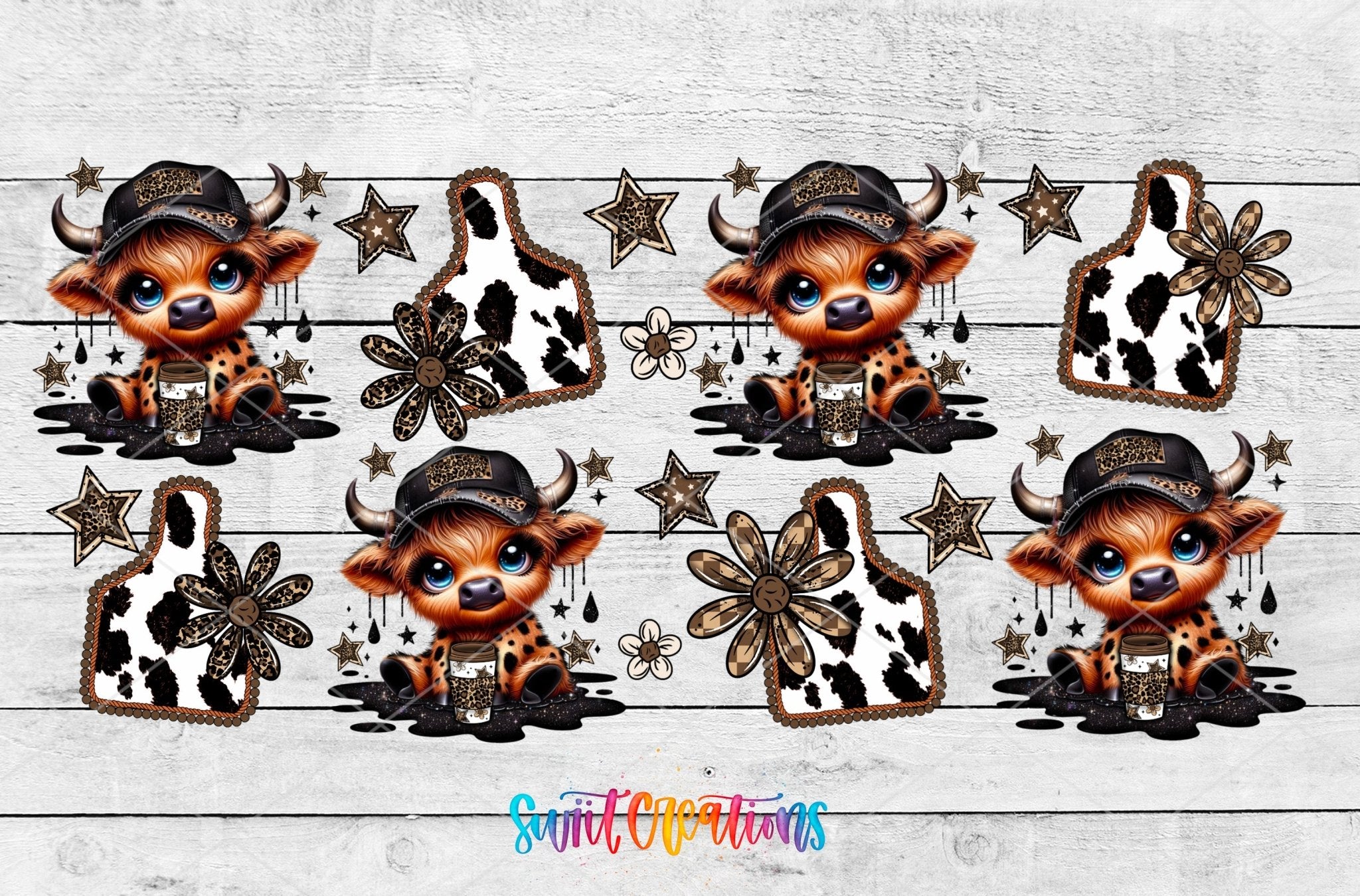 Country Cowgirl Highland Cow UV DTF Transfer Tumbler Wrap | Western Cow Print Cup Wrap Transfer | DTF309 - Swiit Creations