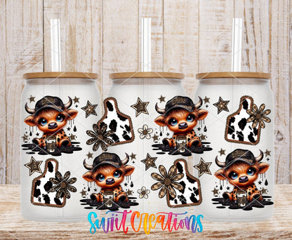 Country Cowgirl Highland Cow UV DTF full wrap on three clear glass cans with bamboo lids