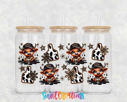Country Cowgirl Highland Cow UV DTF full wrap on three glass cans