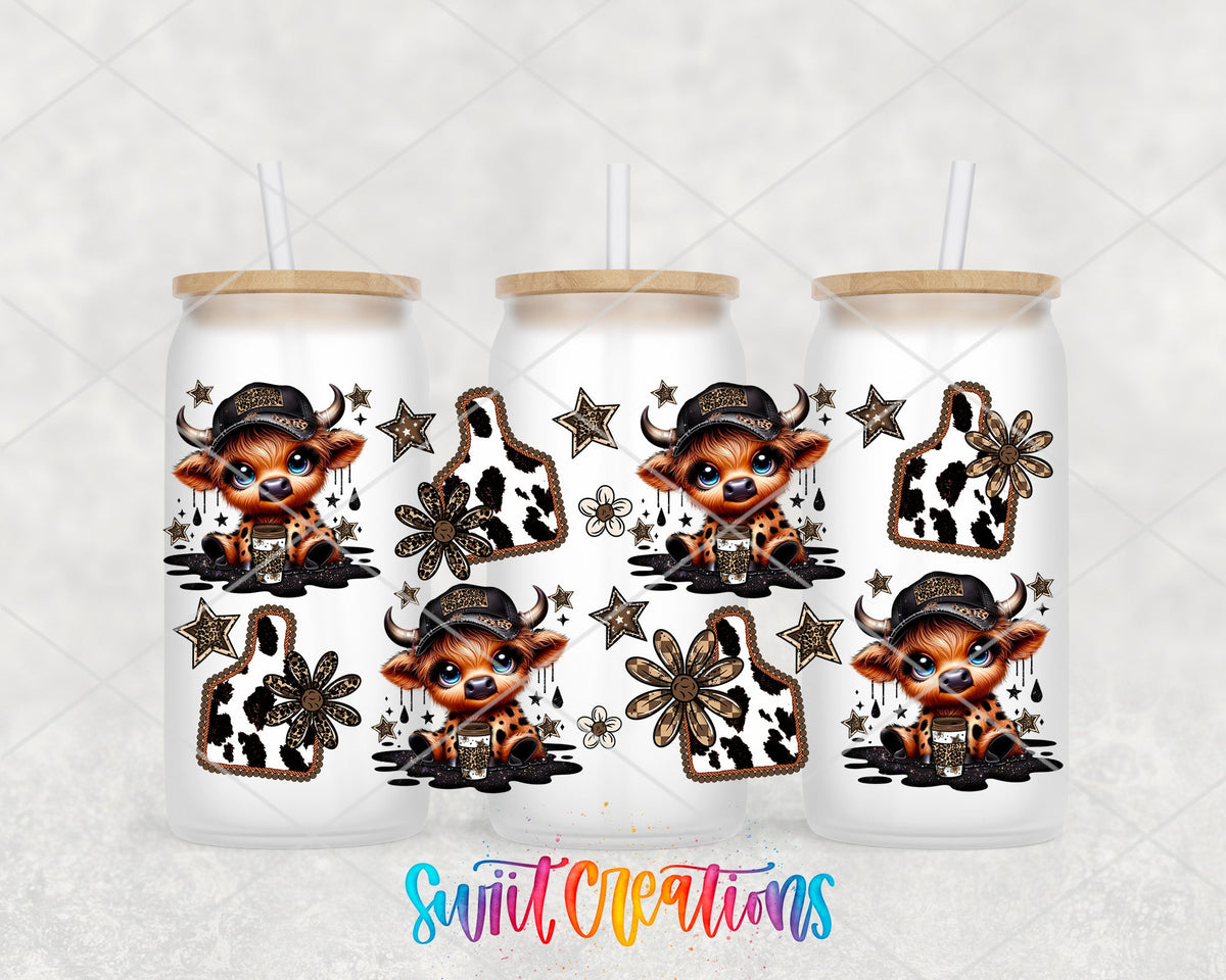 Country Cowgirl Highland Cow UV DTF full wrap on three frosted glass cans