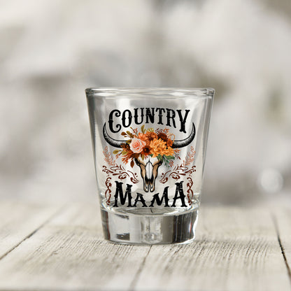Close-up of the Country Mama UV DTF transfer on a clear shot glass