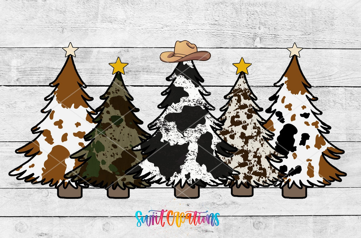 Cow Print Christmas Trees UV DTF full wrap artwork on a white wood background