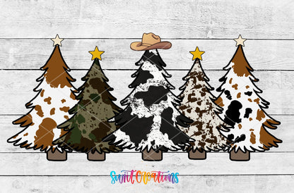 Cow Print Christmas Trees UV DTF full wrap artwork on a white wood background
