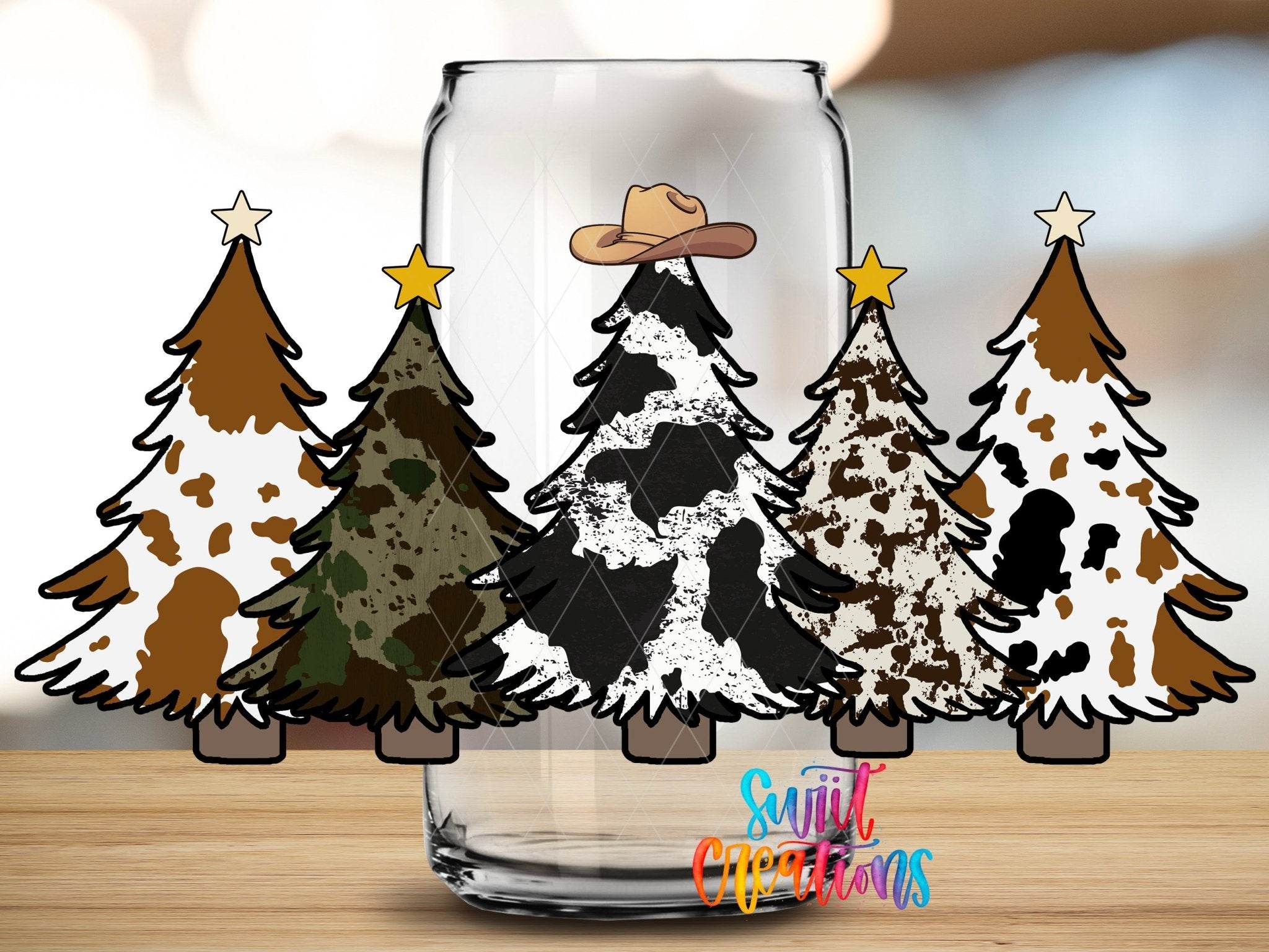 Cow Print Christmas Trees Western UV DTF Transfer Tumbler Wrap | DTF085 - Swiit Creations