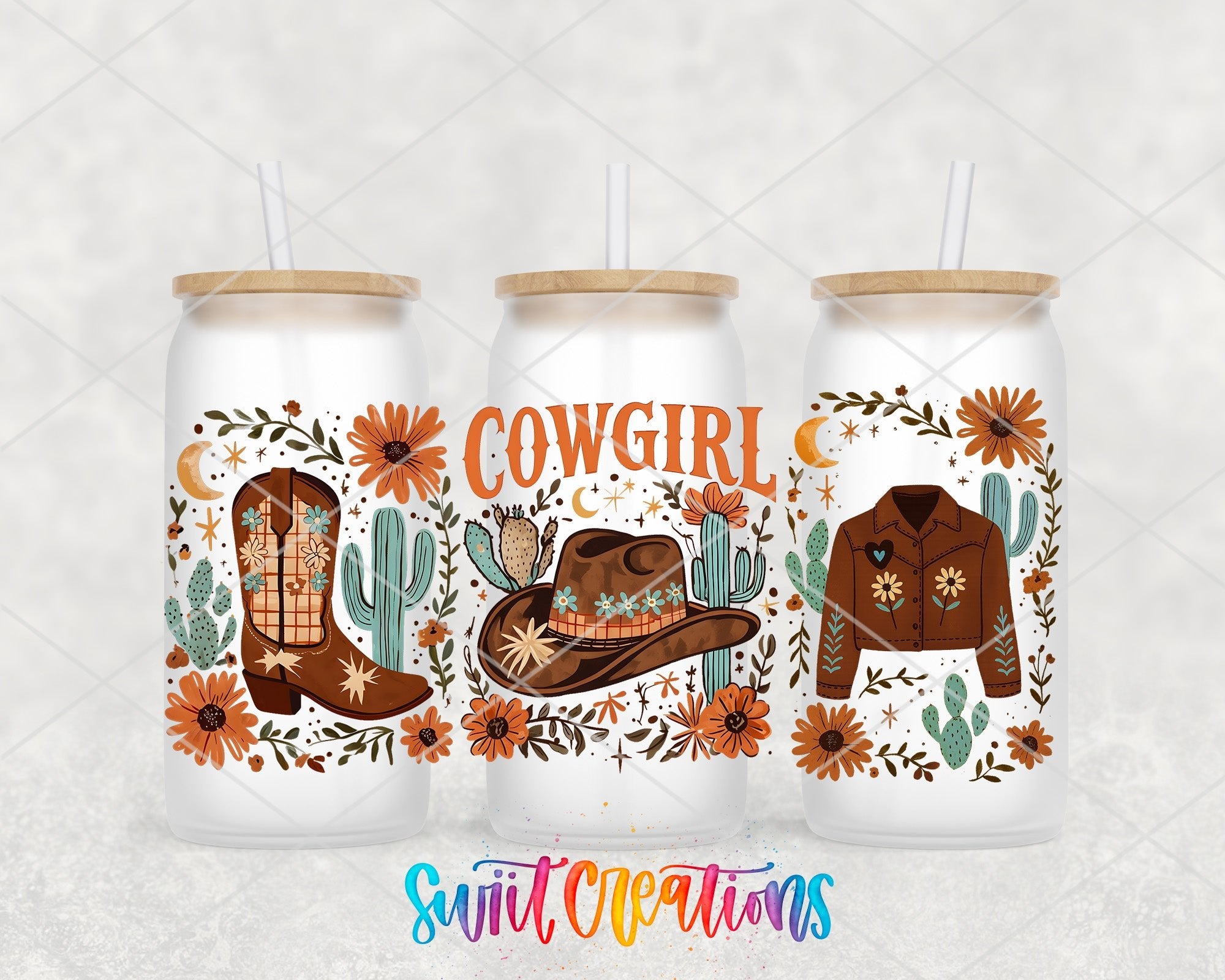 Cowgirl Western UV DTF Transfer Tumbler Wrap | Cowboy Hat Boots Jacket Floral Tumbler Design | DTF282 - Swiit Creations