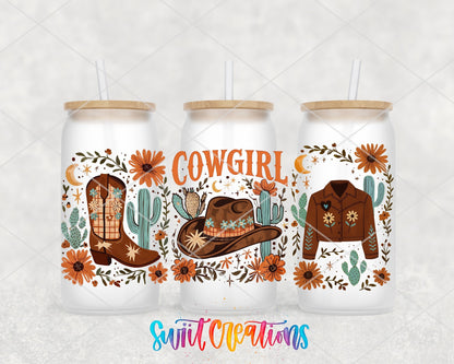 Cowgirl UV DTF full wrap on three frosted glass cans