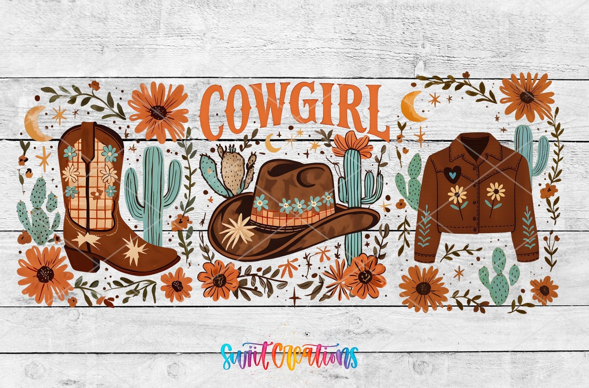 Cowgirl Western UV DTF Transfer Tumbler Wrap | Cowboy Hat Boots Jacket Floral Tumbler Design | DTF282 - Swiit Creations