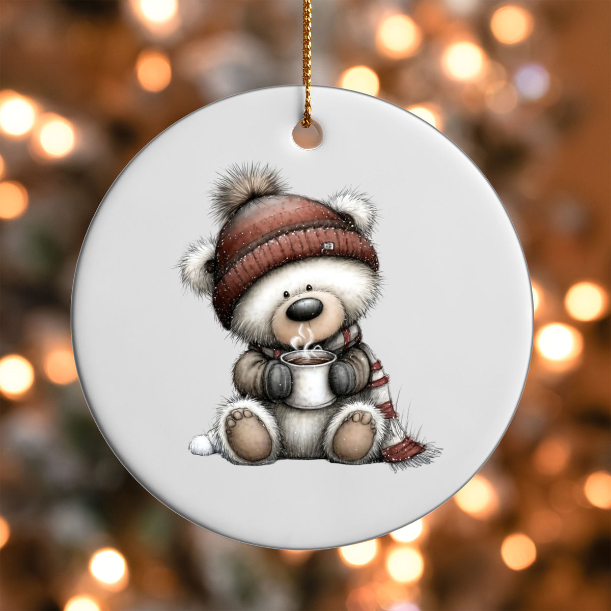 Cozy Bear ornament UV DTF transfer on a round white ornament with a bokeh light background
