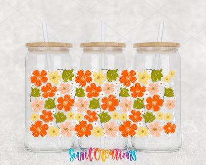 Cozy Fall Flowers UV DTF full wrap on three glass cans